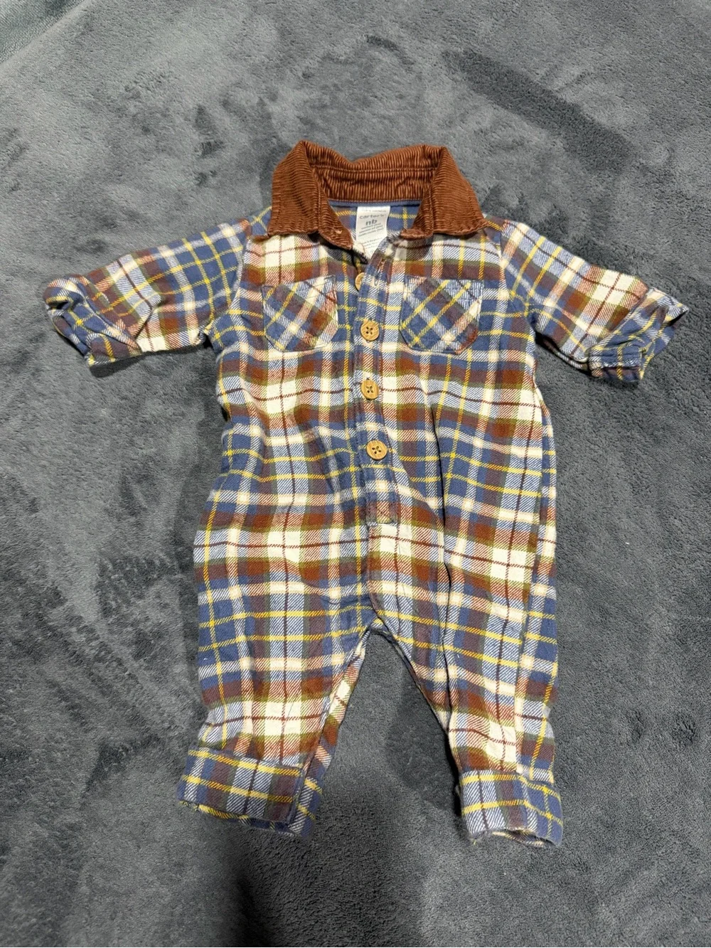 Newborn - Carter's Blue, Brown & Cream Plaid Flannel One-Piece Bodysuit